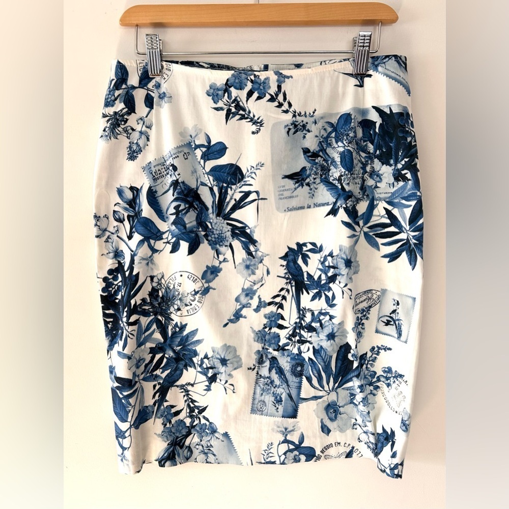 RIANI Designer Botanical Postcard Print Skirt Blue White Toile Size 8 - Picture 2 of 7
